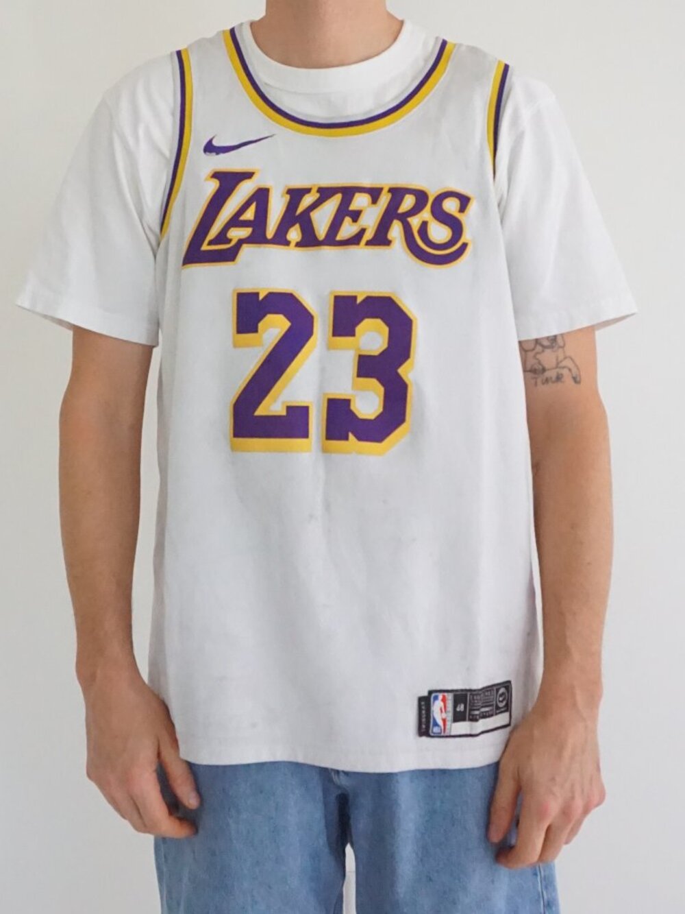 Nike White Purple Gold LeBron James Number 23 Los Angeles Lakers DriFit Swingman